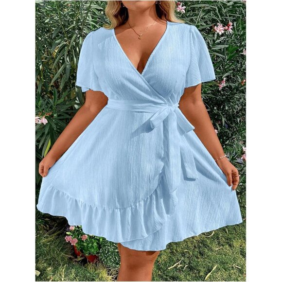 Plus Size Women's Ruffle V Neck Short Dress Casual Summer Beach Festival - Picture 5 of 5